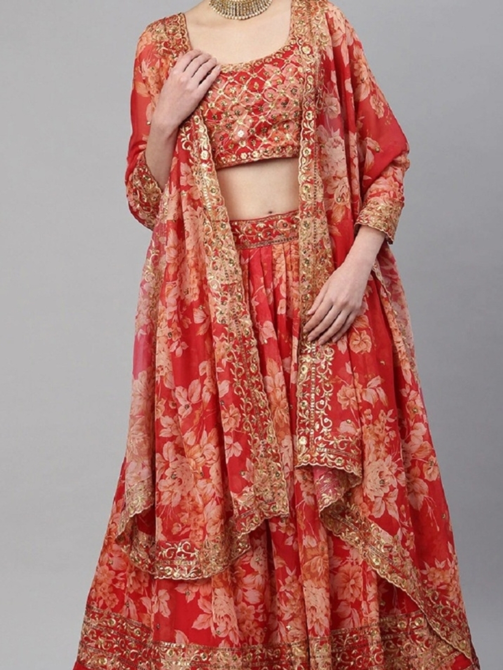 Tomato RED Floral Embroidered Bridal Lehenga with Gold Border SZ 42 (XL)